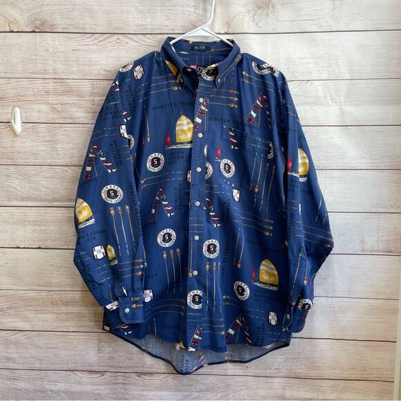 VINTAGE CHAPS RALPH LAUREN NAUTICAL PRINT BUTTON FRONT SHIRT IN NAVY BLUE - Picture 1 of 6